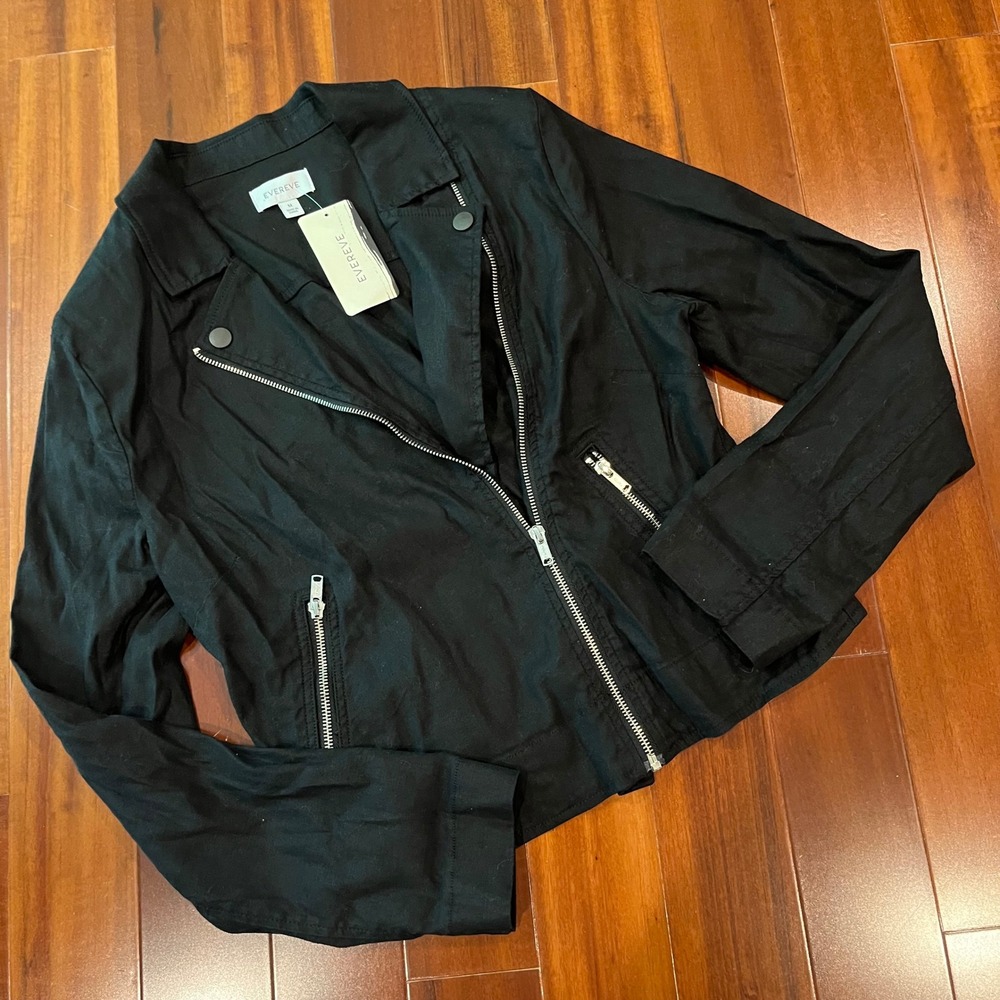 Evereve Jagger Moto Jacket Black Linen Blend Asymmetrical Zip Long Sleeve New M
